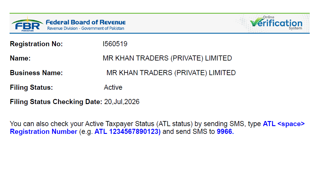 FBR Registered Verification — M Khan Traders